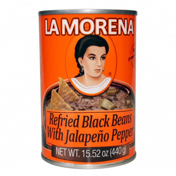 La Morena REFRIED BLACK BEANS with JALAPENOPEPPERS 440g can