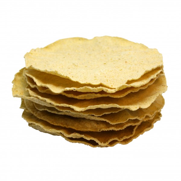 TOSTADAS, tortillas horneadas de maíz, Ø 14cm, 11g,10 por bolsa =110g, sin glute